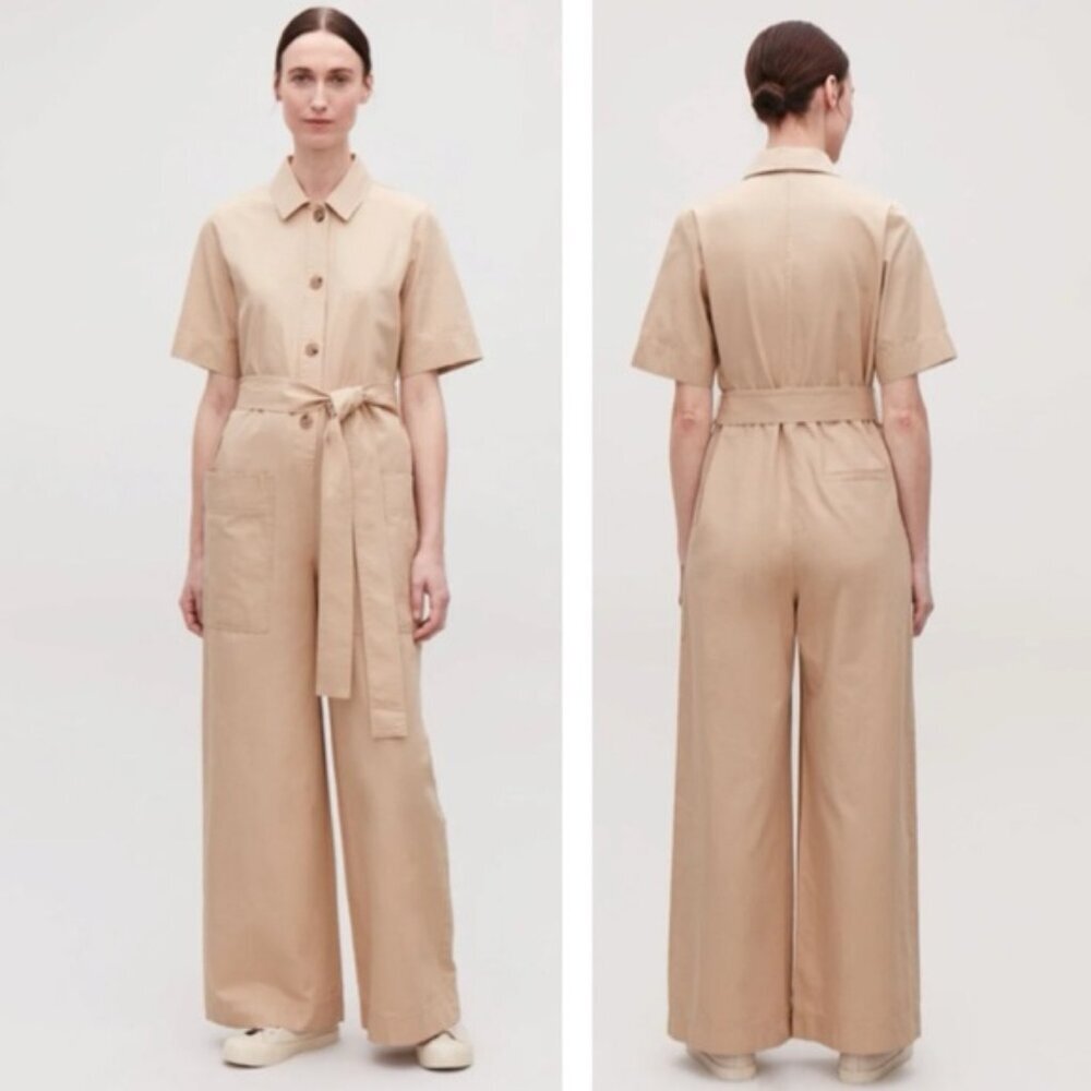 COS Belted Button Up Wide Leg Cotton Cargo Utility Jumpsuit Minimalist Neutral
